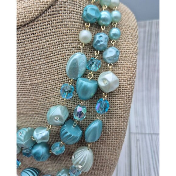 Vintage Aqua Blue Multistrand Collar Necklace Japan Signed Hook Clasp Crystals - Picture 5 of 9